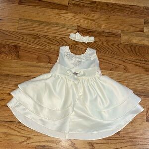 Baby Beige Christening wedding 2 PCS Dress headband rhinestone formal 18M